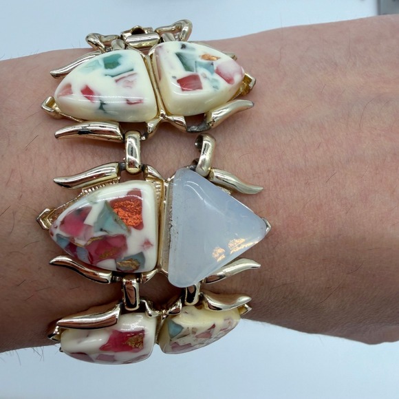 Vintage Bracelet Coro Confetti Terrazzo Lucite Panel Signed - Picture 4 of 7